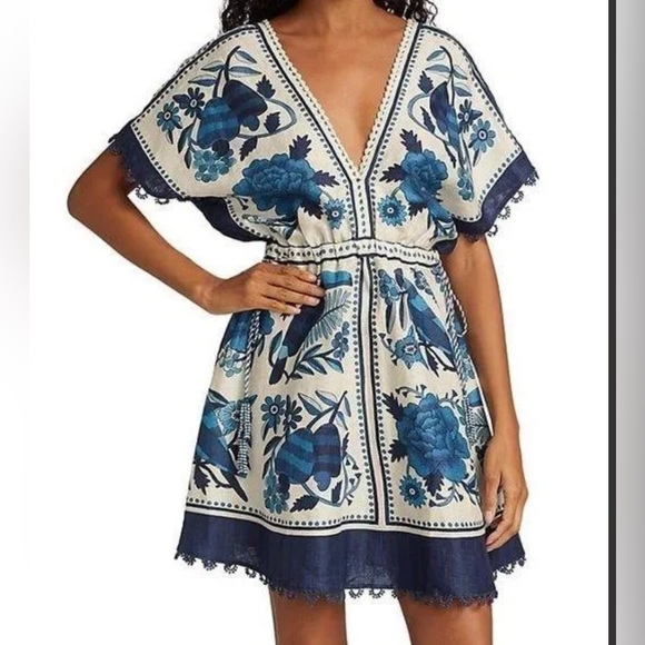 FARM Rio Dresses & Skirts - NWT Farm Rio Blue Tropical Tiles Floral Mini A line dress medium